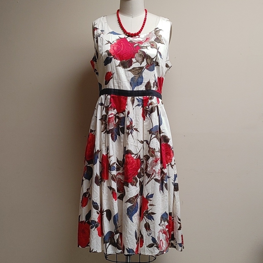 Frock Shop Party Dress Vintage Style Cream Red Roses Size L — image 2 of 8